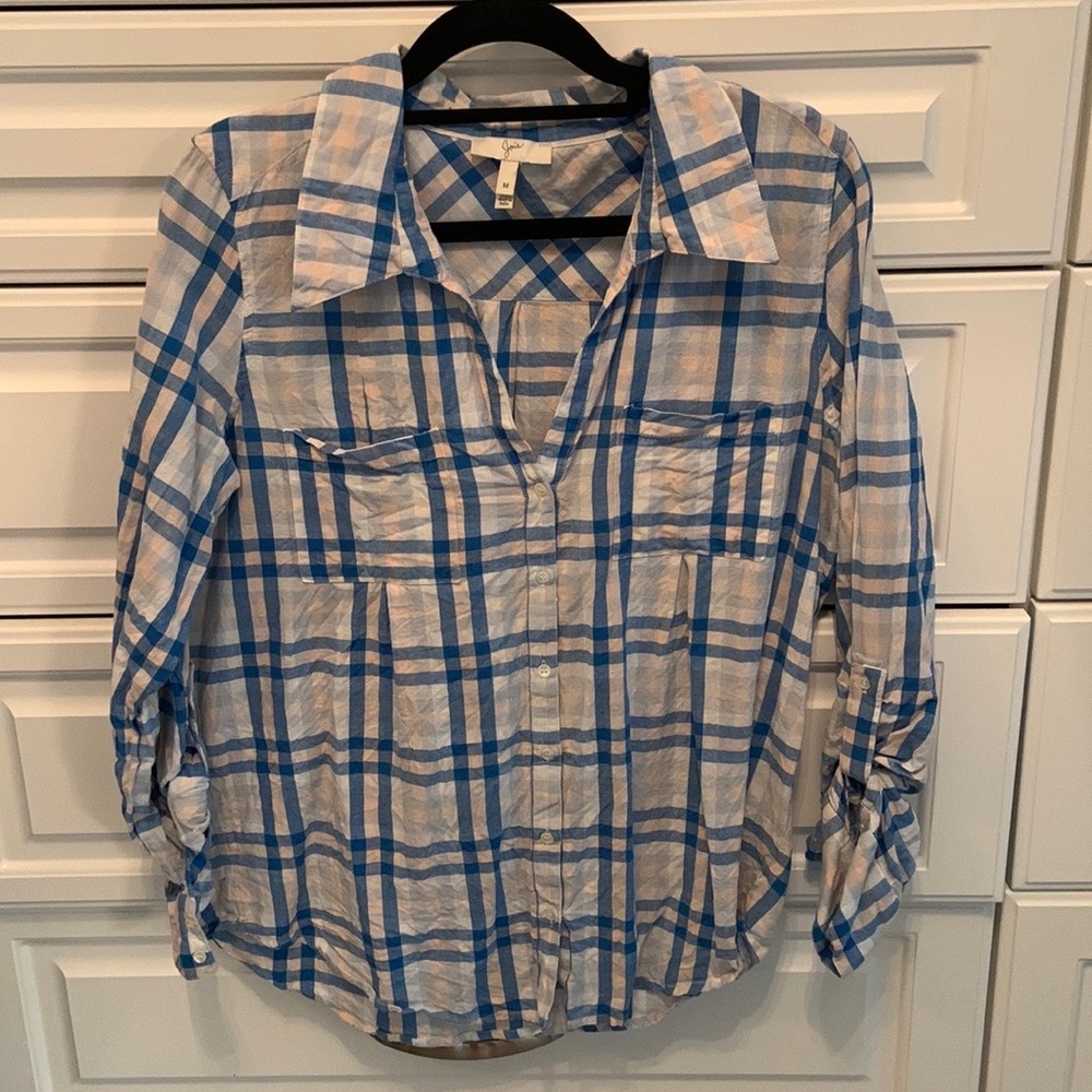 VGUC Joie blue, cream, & white plaid button down- Size Medium
